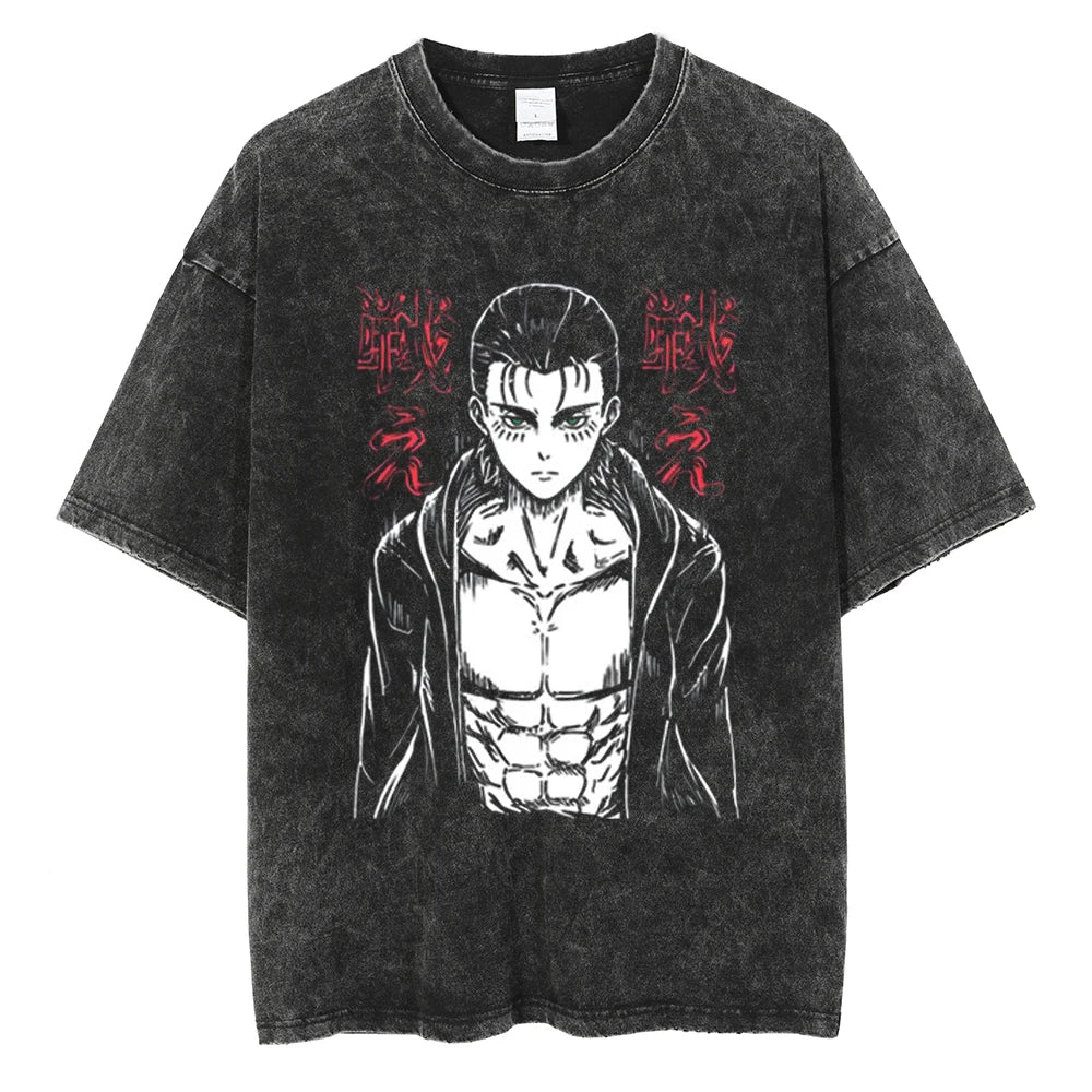 A vintage-washed Eren Jaeger T-Shirt featuring a gritty Attack on Titan manga graphic, styled as oversized Harajuku streetwear for men and women.