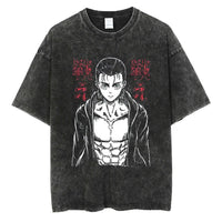 A vintage-washed Eren Jaeger T-Shirt featuring a gritty Attack on Titan manga graphic, styled as oversized Harajuku streetwear for men and women.