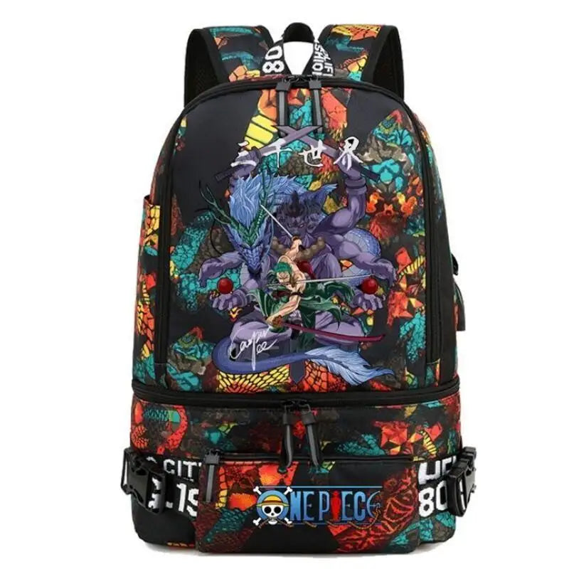 One Piece Anime Polyester School Travel Backpack featuring vibrant artwork and stylish design for teens.