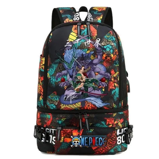 One Piece Anime Polyester School Travel Backpack featuring vibrant artwork and stylish design for teens.