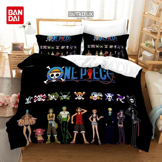 A Bandai One Piece Bedding Set featuring Monkey D. Luffy on a duvet cover and pillowcases, designed for anime bedroom decoration.