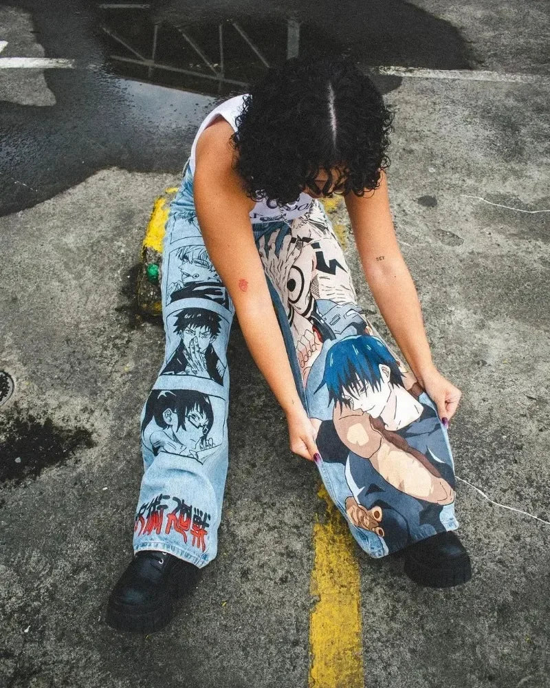 Trendy Y2K Anime Baggy Jeans featuring a Harajuku graphic print pattern, designed as high-waisted vintage streetwear for men and women.
