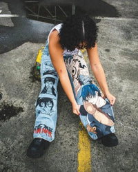 Trendy Y2K Anime Baggy Jeans featuring a Harajuku graphic print pattern, designed as high-waisted vintage streetwear for men and women.