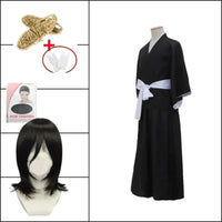 A complete Bleach Kuchiki Rukia Cosplay costume featuring the black Shinigami Shihakusho kimono and white sash, perfect for Thousand-Year Blood War reenactments.
