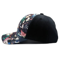 A trendy Demon Slayer Baseball Cap featuring graphic prints of Tanjiro and Nezuko, designed as an adjustable hip hop sun hat for men and women.