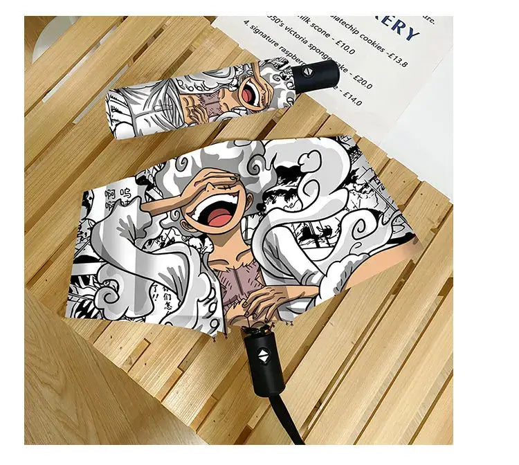 An automatic One Piece Nika Luffy Fold Umbrella with a three-fold design, featuring Gear 5 anime art and black glue sunscreen.