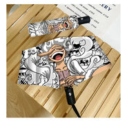 An automatic One Piece Nika Luffy Fold Umbrella with a three-fold design, featuring Gear 5 anime art and black glue sunscreen.