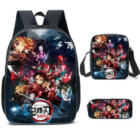 A pink Demon Slayer Backpack 3-piece set featuring Kamado Nezuko anime art, including a schoolbag, shoulder bag, and pencil case for students.