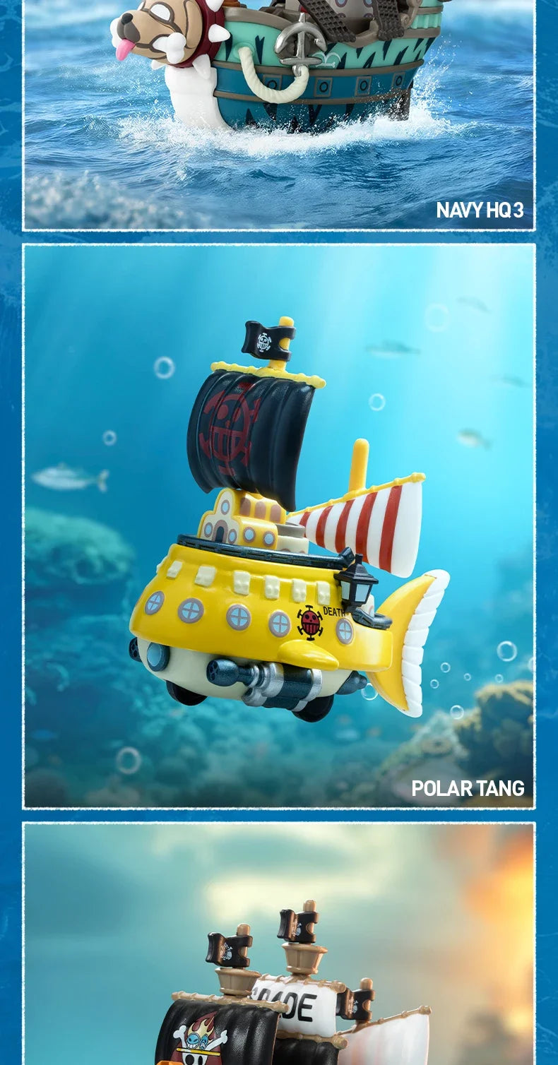 A Pop Mart One Piece Vehicles blind box packaging containing a surprise Grand Line Series ship figure for home decoration.