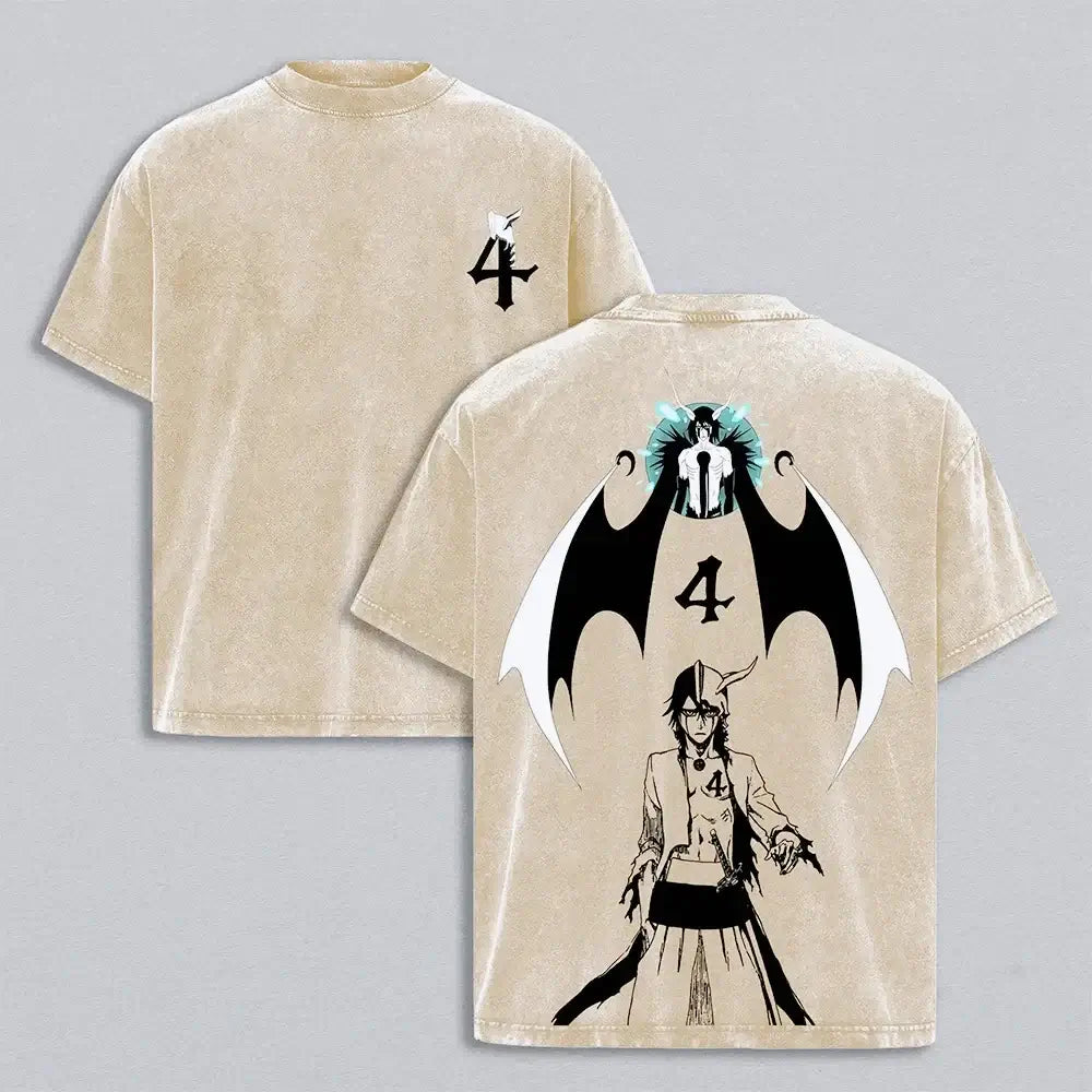 Ulquiorra Cifer Bleach Vintage Washed T-Shirt featuring Cuarta Espada design on back and number 4 on front.