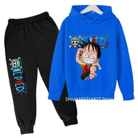 A comfortable One Piece Hoodie Set for kids featuring Monkey D. Luffy anime graphics, including a hoodie and pants 2-piece sports suit.