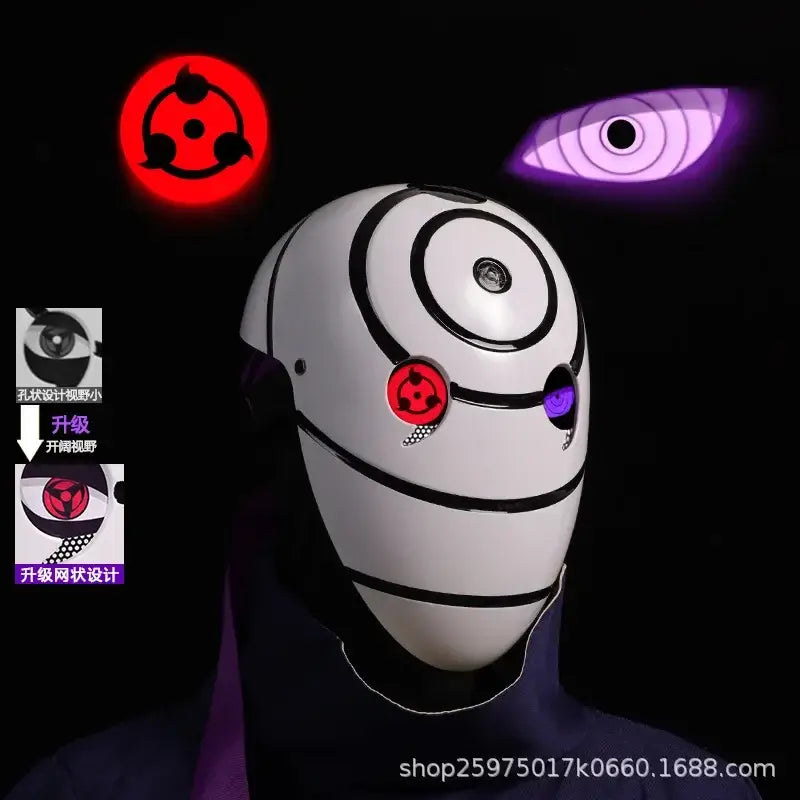 A highly imitative, high-gloss Obito Cosplay Mask featuring the Akatsuki Sharingan design for anime Halloween costumes and conventions.