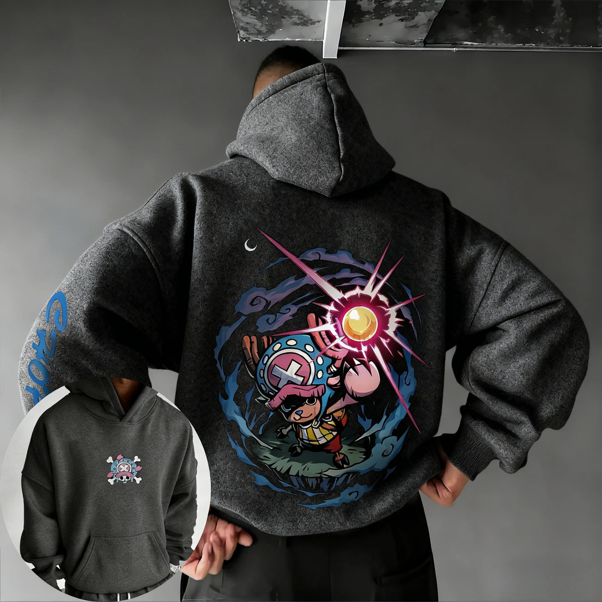A loose-fit Tony Tony Chopper Hoodie featuring a cute anime graphic print, designed as American street hip hop wear for men and children.