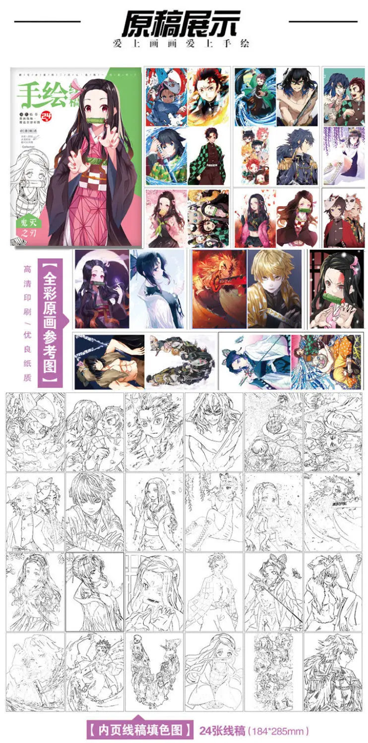 Chainsaw Man Anime Colouring Book open showing hand-drawn outline sketches anime painting pages