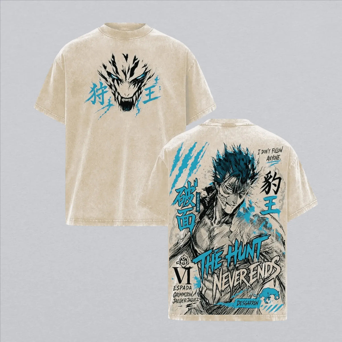 Grimmjow Jaegerjaquez Bleach Vintage Washed T-Shirt featuring vibrant graphics and soft cotton fabric.