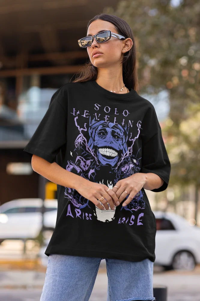 A premium Solo Leveling T-Shirt made of soft cotton, featuring a dynamic anime graphic of Sung Jin Woo and the Shadow Army.