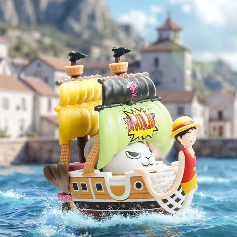 A Pop Mart One Piece Vehicles blind box packaging containing a surprise Grand Line Series ship figure for home decoration.