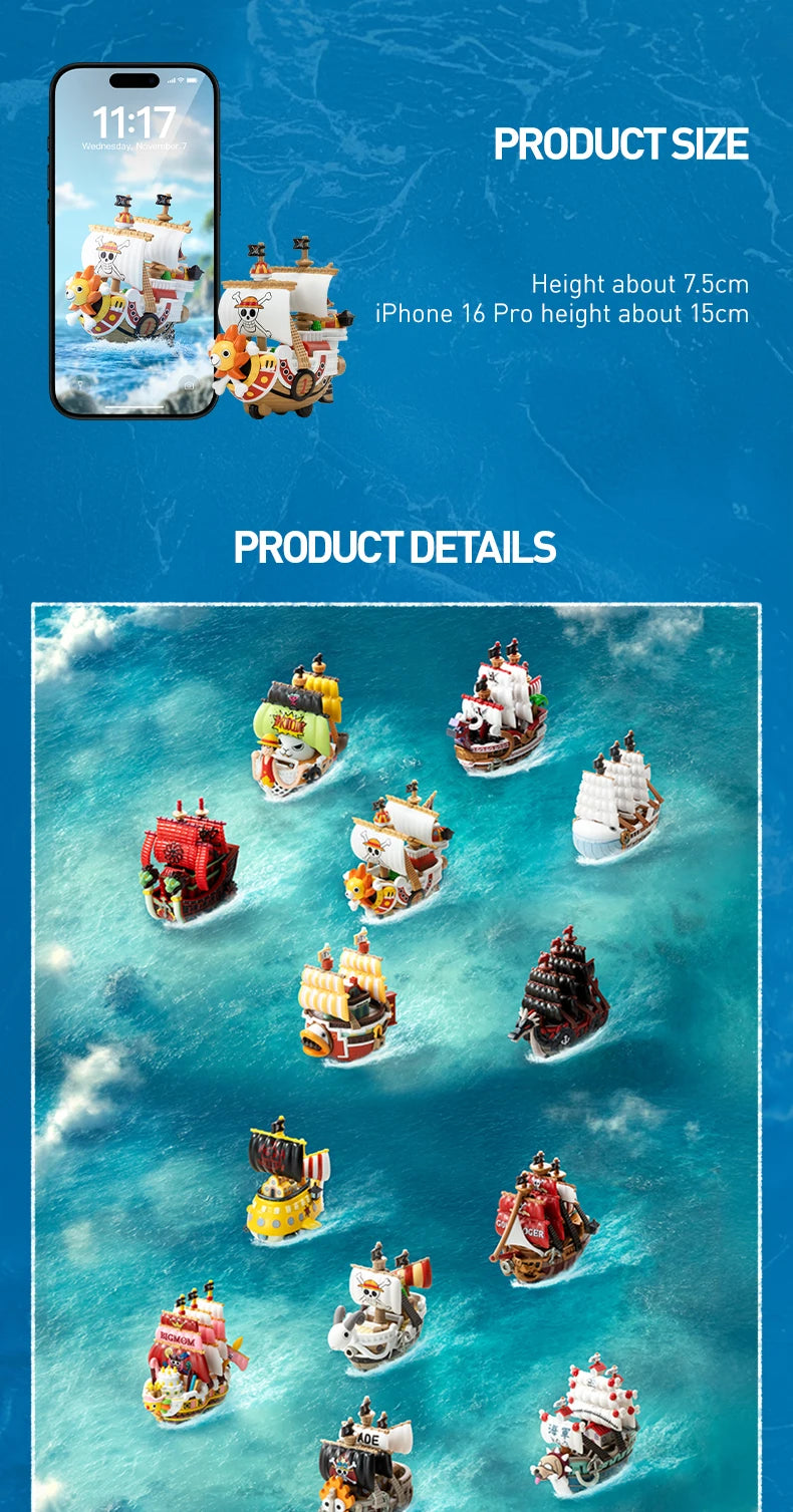 A Pop Mart One Piece Vehicles blind box packaging containing a surprise Grand Line Series ship figure for home decoration.