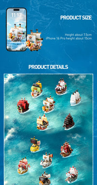 A Pop Mart One Piece Vehicles blind box packaging containing a surprise Grand Line Series ship figure for home decoration.