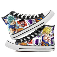 A pair of hot Dragon Ball Goku Canvas Shoes, anime fashion sneakers with a graffiti design for men, women, teenagers, and students.