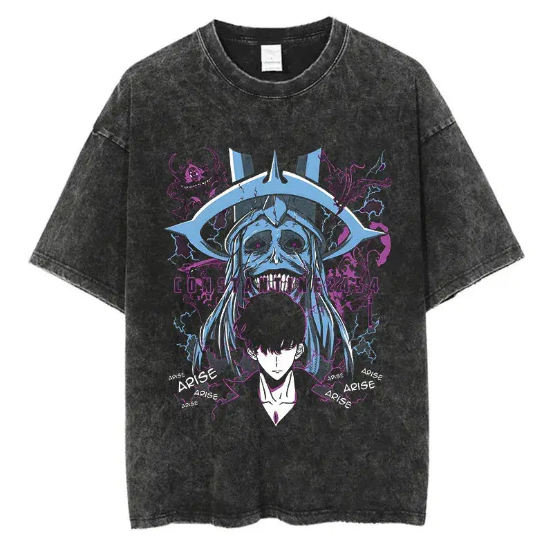 A trendy Solo Leveling Vintage T-shirt featuring a Sung Jinwoo graphic print, designed with a retro washed cotton finish for Harajuku streetwear.