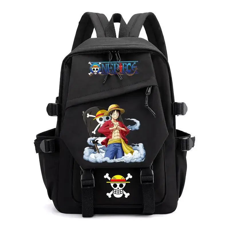 A lightweight canvas One Piece Backpack featuring kawaii anime characters, suitable for school, travel, and carrying a laptop computer.