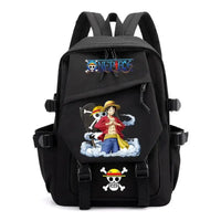 A lightweight canvas One Piece Backpack featuring kawaii anime characters, suitable for school, travel, and carrying a laptop computer.