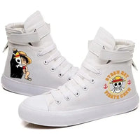 Trendy One Piece Luffy High Top Shoes featuring anime character art, designed as breathable non-slip leisure sports sneakers for students.