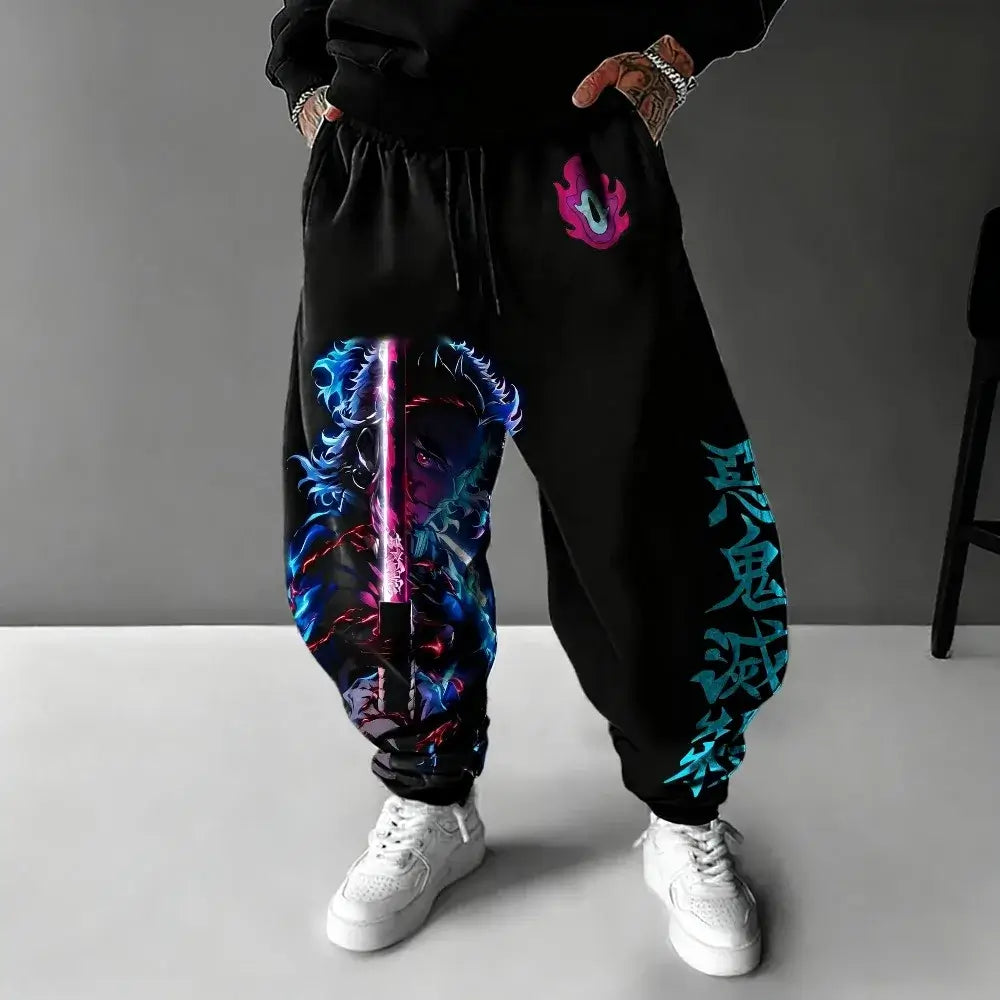 A pair of pure cotton Tokito Muichiro Jogger Pants featuring Japanese anime Demon Slayer graphic prints, designed as casual men's sport trousers.