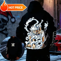 Luffy One Piece Oversized Cotton Hoodie displayed on a model, featuring vibrant back design and streetwear style.