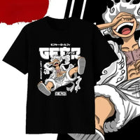 A white One Piece T-Shirt with a Monkey D. Luffy Gear 5 Fifth print, available for babies, children, teens, and adults.