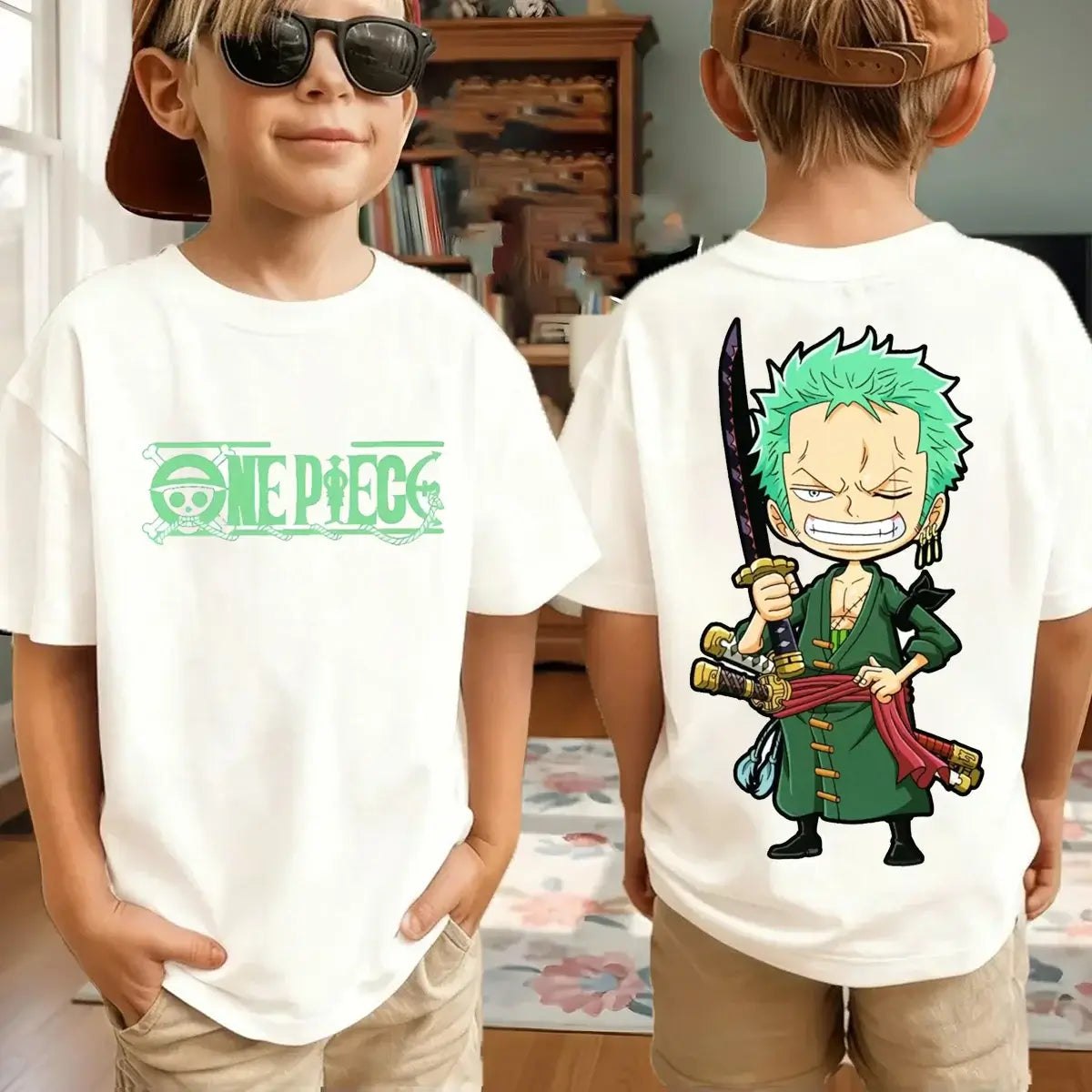 Zoro kids t-shirt One Piece Harajuku pure cotton short sleeve summer top featuring Roronoa Zoro and Luffy anime print for boys