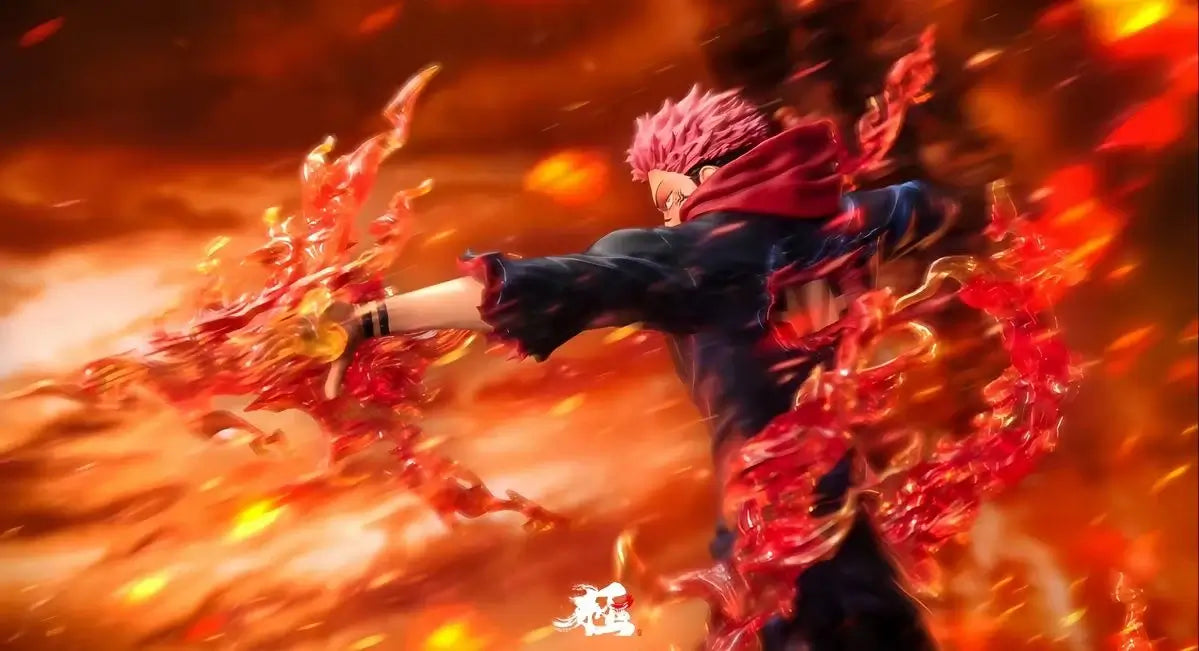 A highly detailed Ryomen Sukuna Figure made of premium PVC, showcasing the Jujutsu Kaisen King of Curses in an extreme battle stance for desktop decoration.