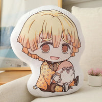 Demon Slayer Nezuko Kawaii Stuffed Plush Doll showcased with a girl holding the cushion featuring Nezuko and Tanjiro designs.