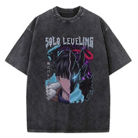 A vintage-style Solo Leveling Vintage T-shirt made of washed black cotton featuring a Sung Jinwoo graphic print, designed as Harajuku streetwear.