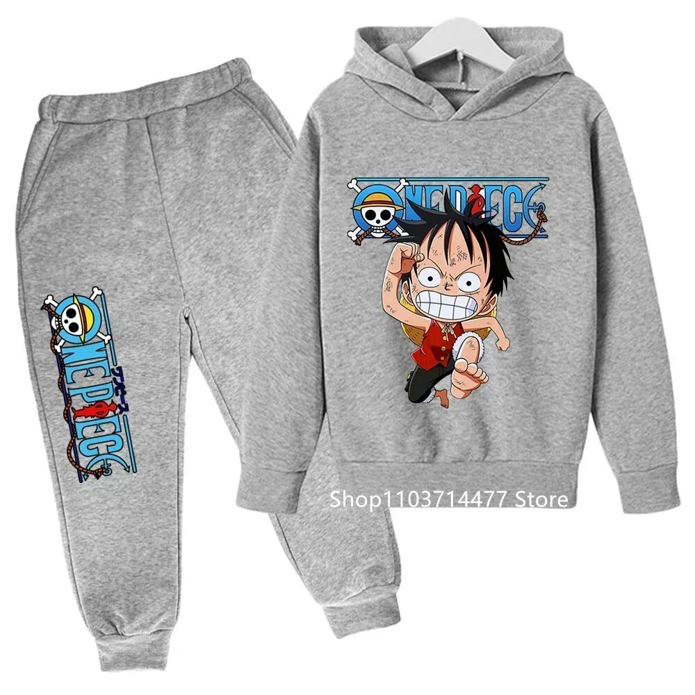 A comfortable One Piece Hoodie Set for kids featuring Monkey D. Luffy anime graphics, including a hoodie and pants 2-piece sports suit.