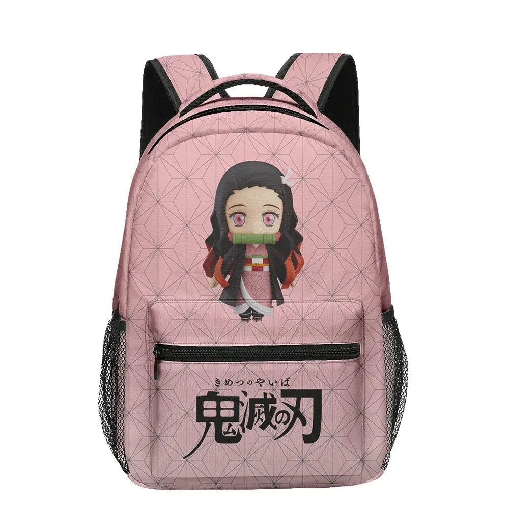 A 3-piece Demon Slayer Backpack Set featuring Tanjiro and Nezuko anime art, including a school bag, lunch box, and pencil case for elementary students.