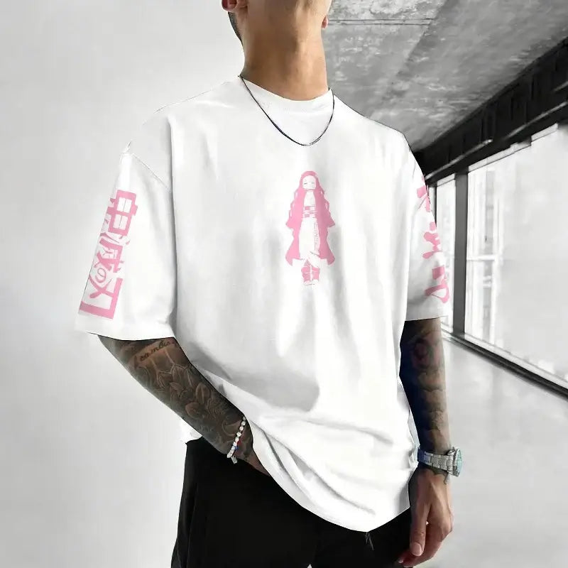 A loose-fit Nezuko Kamado T-shirt featuring a cute Demon Slayer graphic, designed as a parent-child matching outfit for summer.