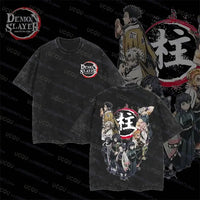 A vintage-washed Gyomei Himejima T-shirt made of soft cotton, featuring a graphic print of the Stone Hashira for men's Harajuku streetwear.