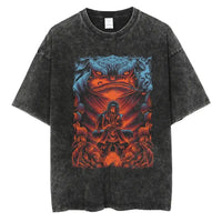 A man wearing the vintage black Japanese Anime Naruto Print T Shirt in a Harajuku hip hop streetwear style.