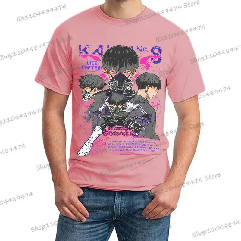 A trendy Y2K Anime Kaiju No 8 T-shirt with a creative Soshiro Hoshina print for men and women.