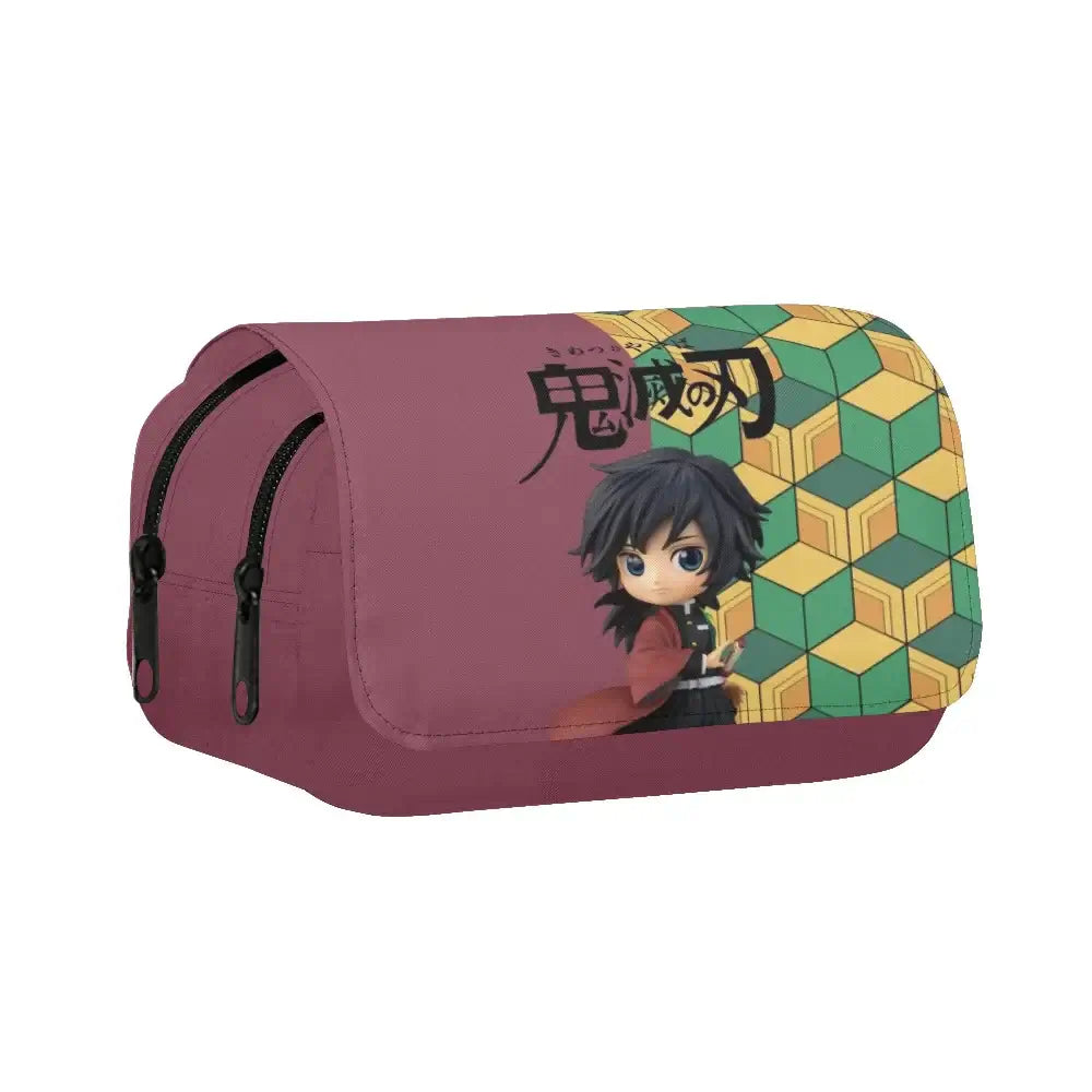 A 3-piece Demon Slayer Backpack Set featuring Tanjiro and Nezuko anime art, including a school bag, lunch box, and pencil case for elementary students.