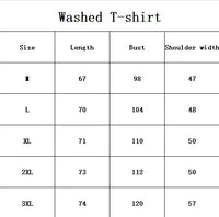 Dark Manga Pattern T-Shirt styled with black denim and boots for an alternative anime streetwear outfit Size chart for Washed T-shirt including Length, Bust, and Shoulder width for various sizes.