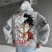 A streetwear One Piece Luffy Gear 5 Nika Anime Hoodie, a casual pullover for men and women's autumn and winter cosplay.