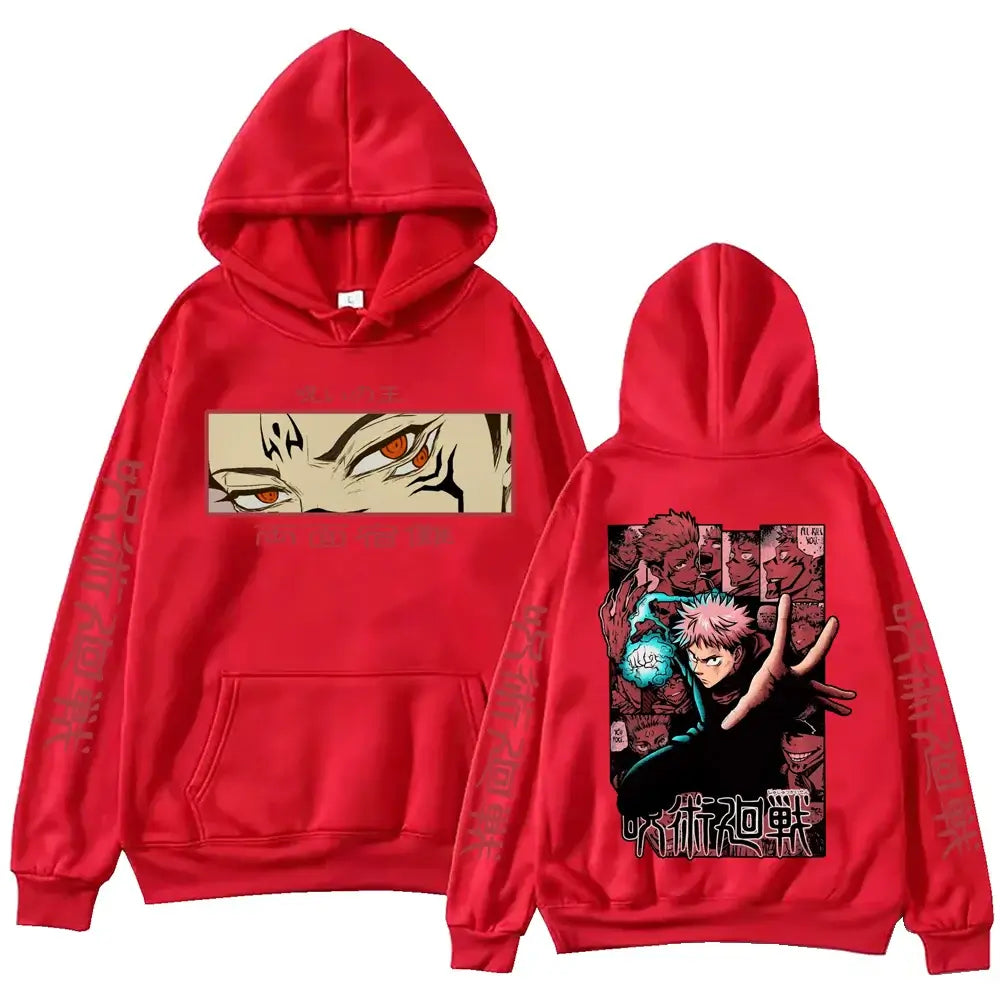 Itadori Hoodie Jujutsu Kaisen Harajuku Pullover fleece-lined polyester long sleeve hooded sweatshirt unisex Yuji Itadori design front view