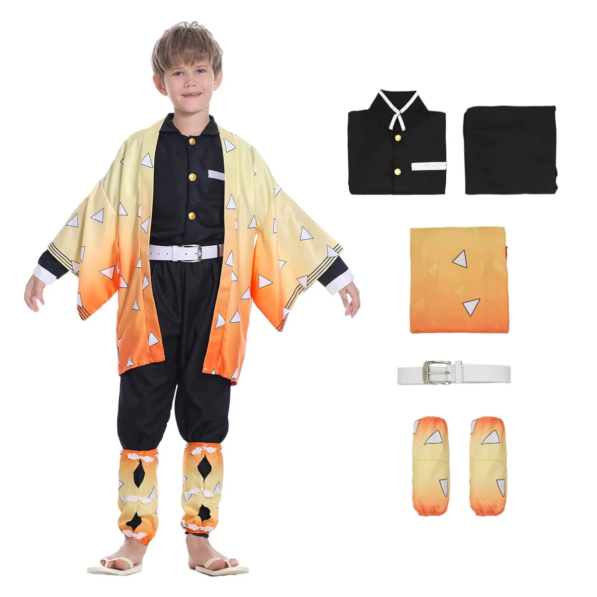 A complete Zenitsu Cosplay Costume featuring the yellow triangle-patterned haori, black uniform, and blonde wig for Halloween.