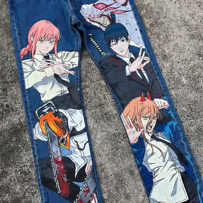 Trendy Cartoon Print Jeans featuring a high street graphic design, styled as loose wide-leg Harajuku denim for men and women.