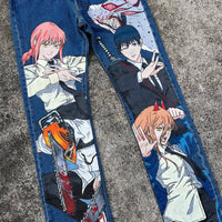 Trendy Cartoon Print Jeans featuring a high street graphic design, styled as loose wide-leg Harajuku denim for men and women.