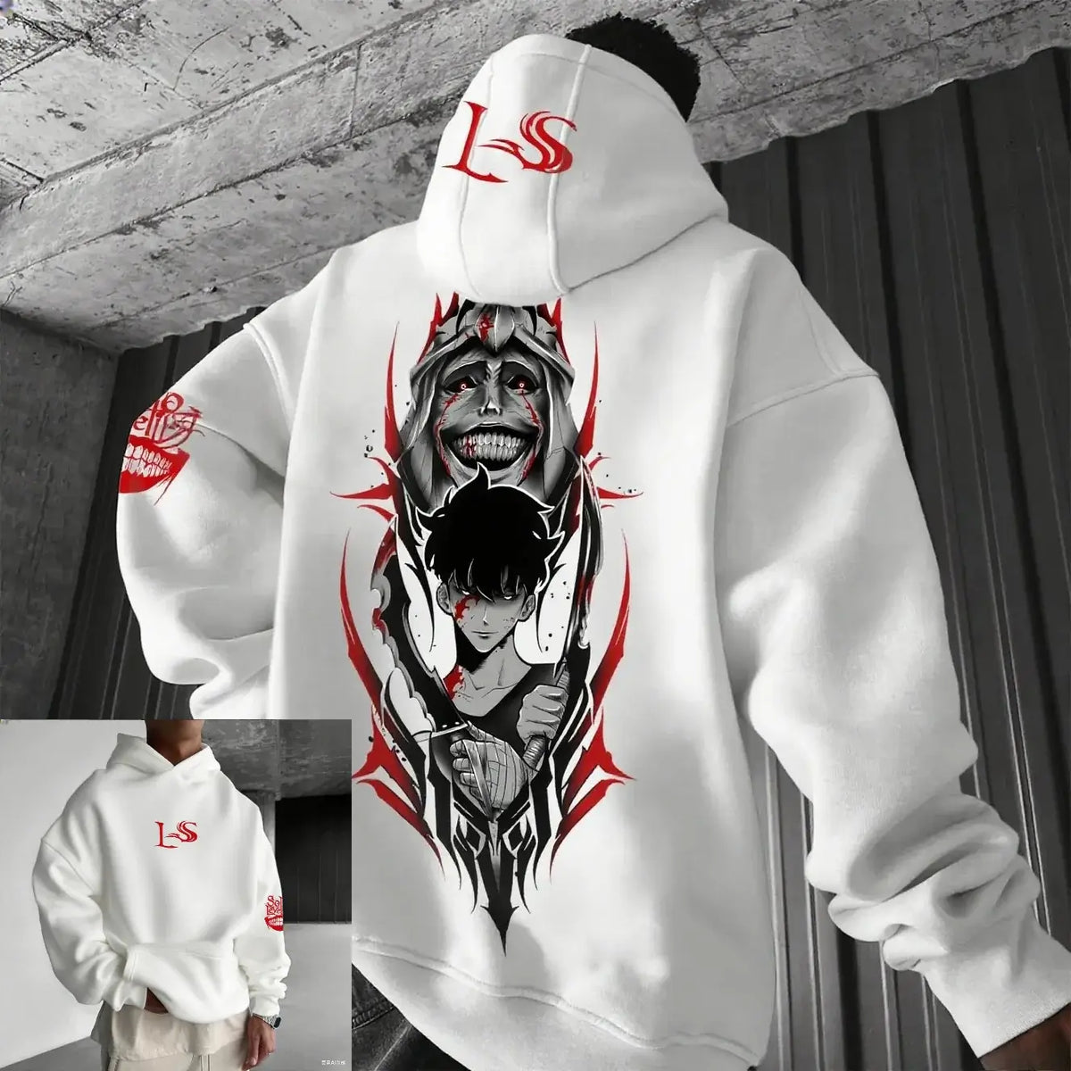 An oversized Solo Leveling Anime Hoodie featuring a dynamic graphic print of Sung Jin-Woo, styled as comfortable streetwear for men and women.