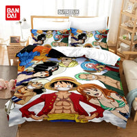 A Bandai One Piece Bedding Set featuring Monkey D. Luffy on a duvet cover and pillowcases, designed for anime bedroom decoration.